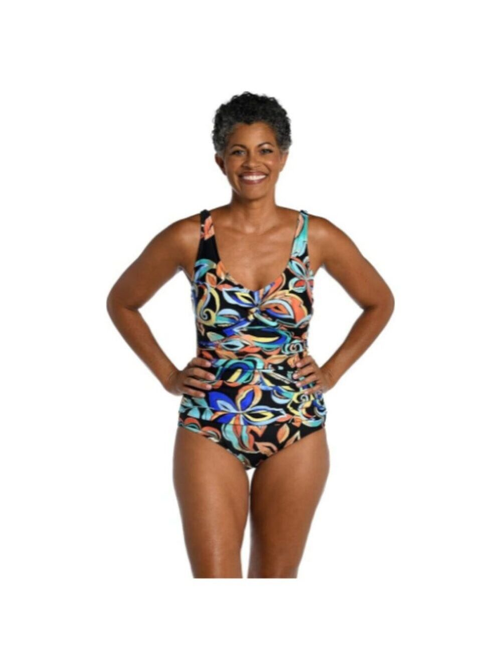**Maxine Of Hollywood** Women's V-Neck Twist Front Shirred One Piece Swimsuit - Picture 2 of 8